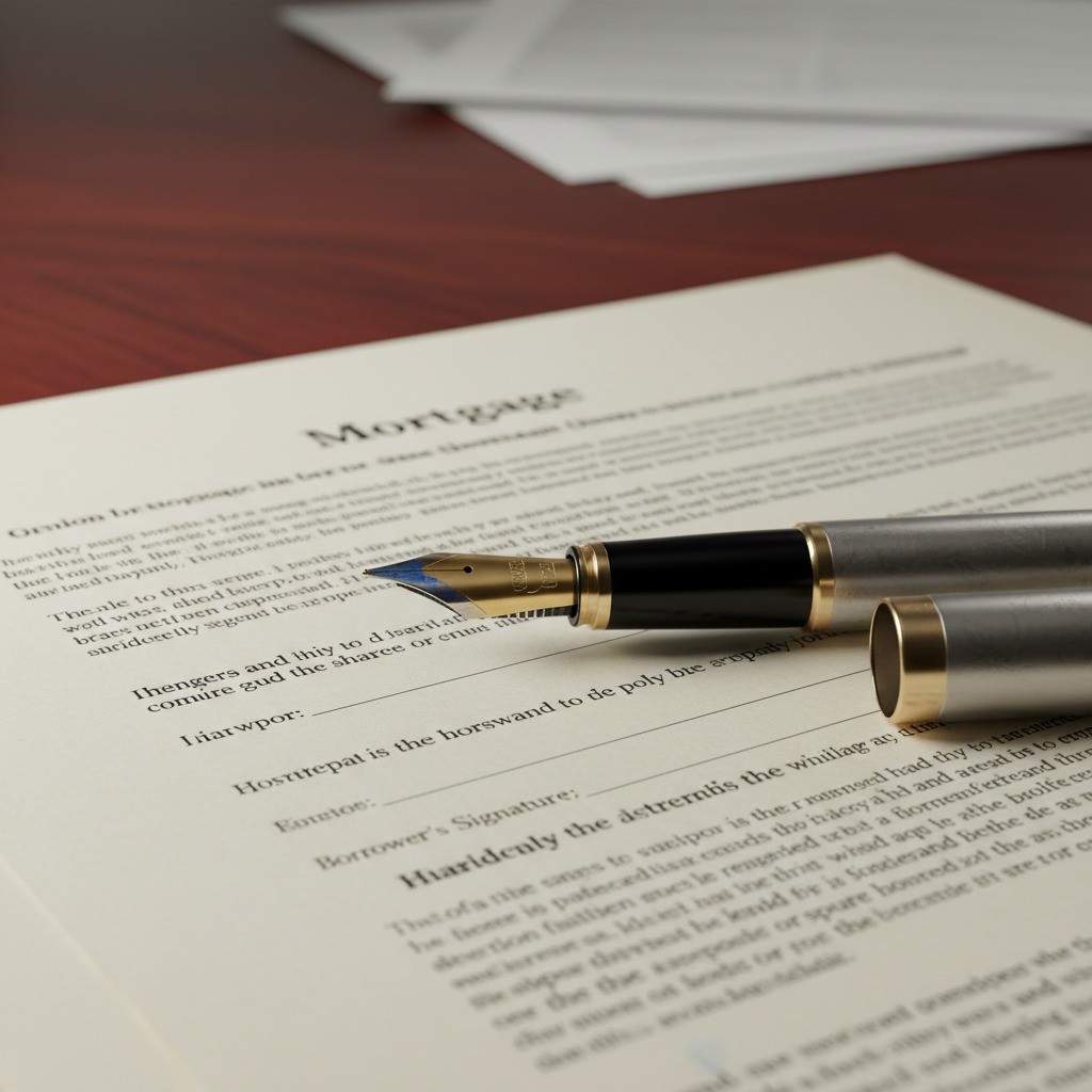 A fountain pen rests on a mortgage document on a wooden desk.