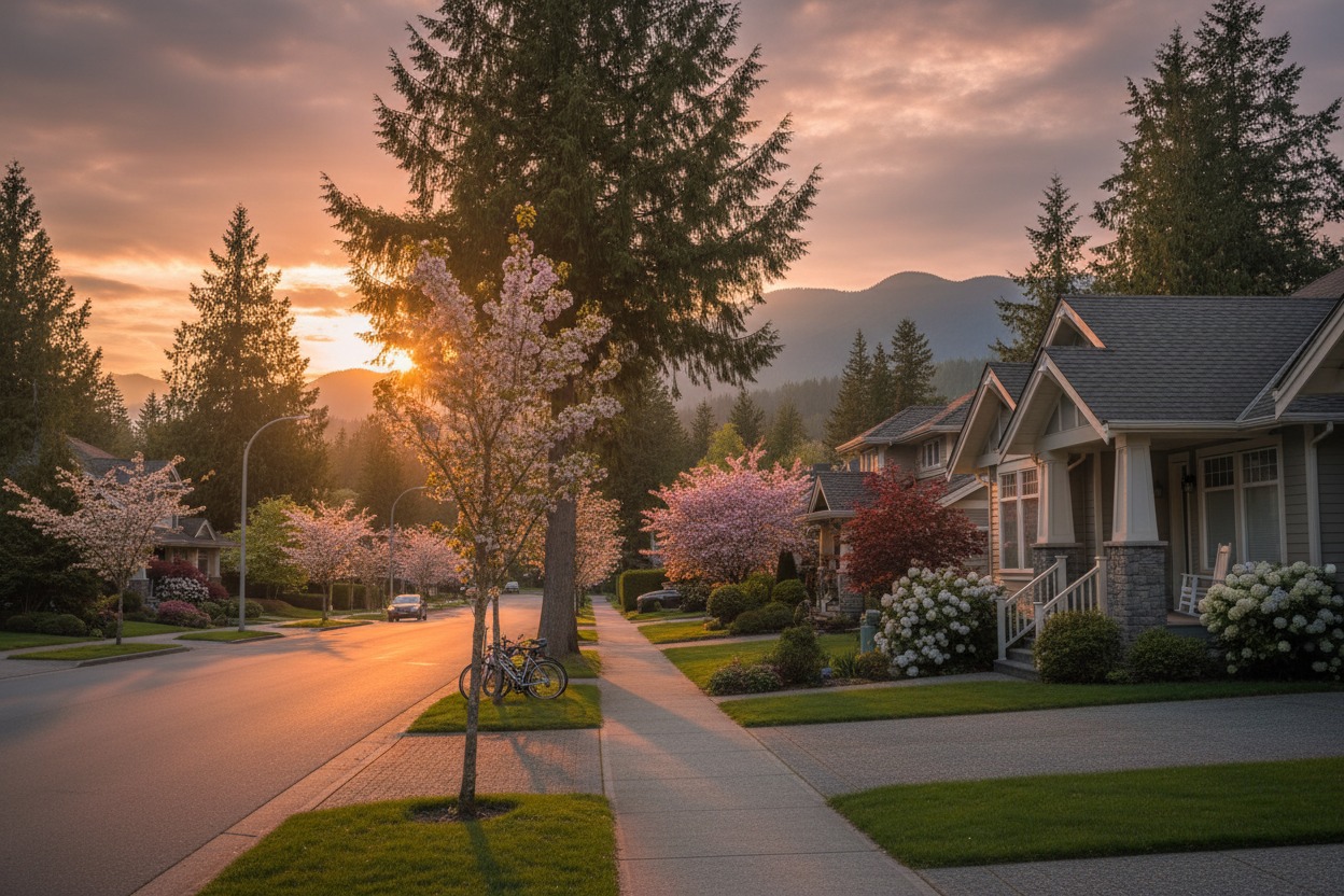 A quiet suburban street lined with blooming cherry trees and houses is illuminated by the warm glow of a sunset.