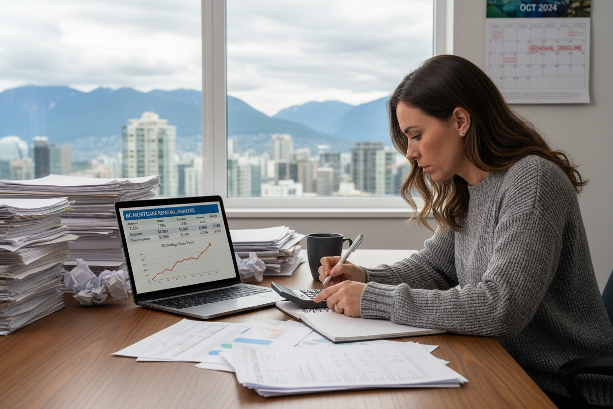 A woman sits at a desk in a high-rise office, using a calculator and writing in a notebook while surrounded by stacks of paperwork and a laptop displaying mortgage renewal data.