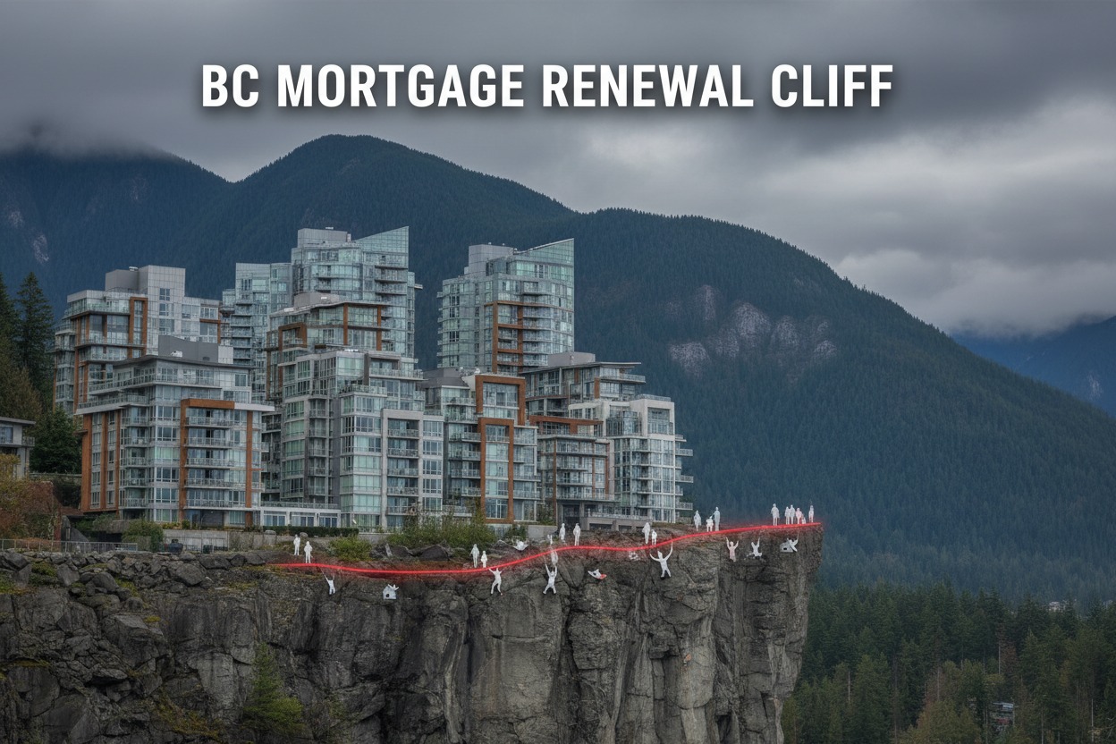 Modern apartment buildings sit atop a rocky cliff where small figures are depicted falling off the edge along a glowing red line.