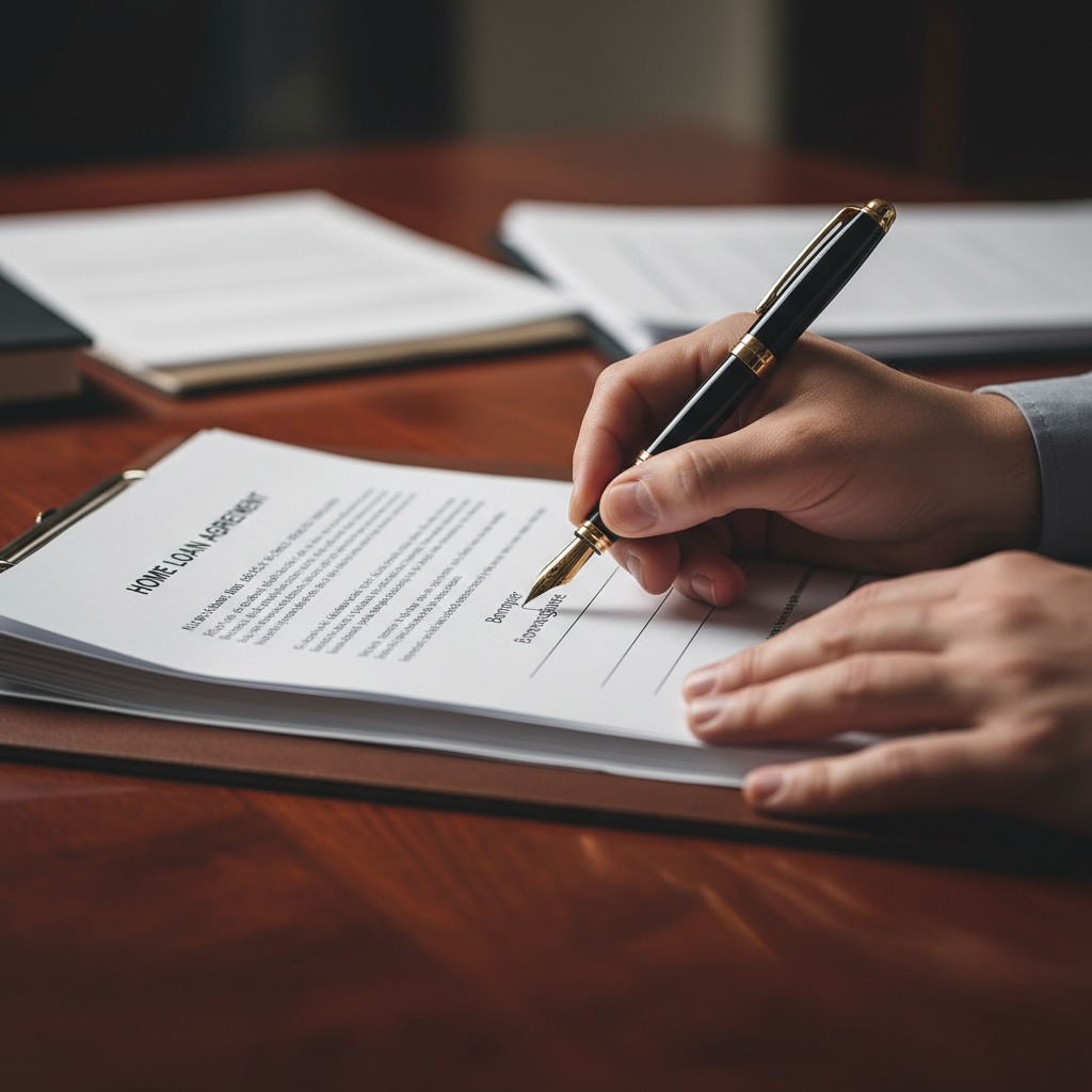 A person signs a home loan agreement document with a fountain pen on a wooden desk.