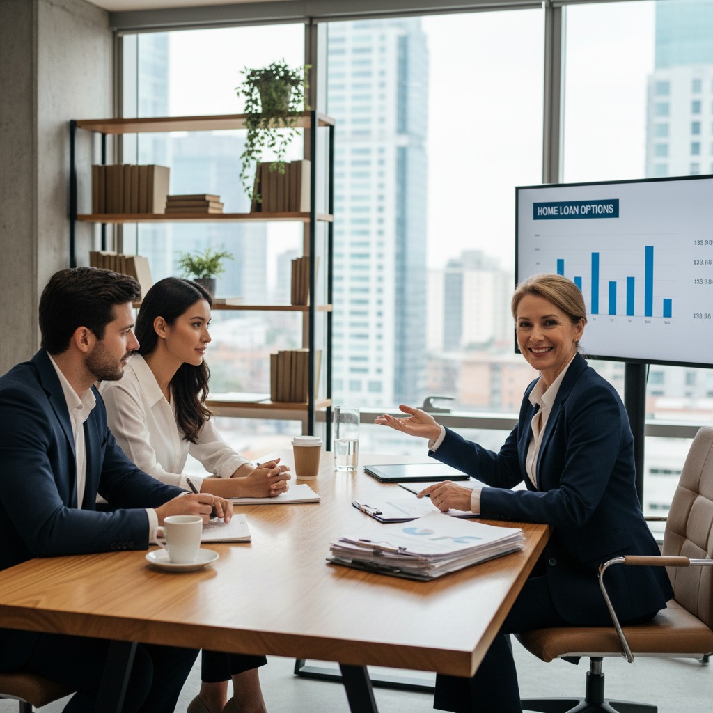 A professional woman in a suit presents home loan options on a screen to a couple sitting across from her at a conference table in a high-rise office.
