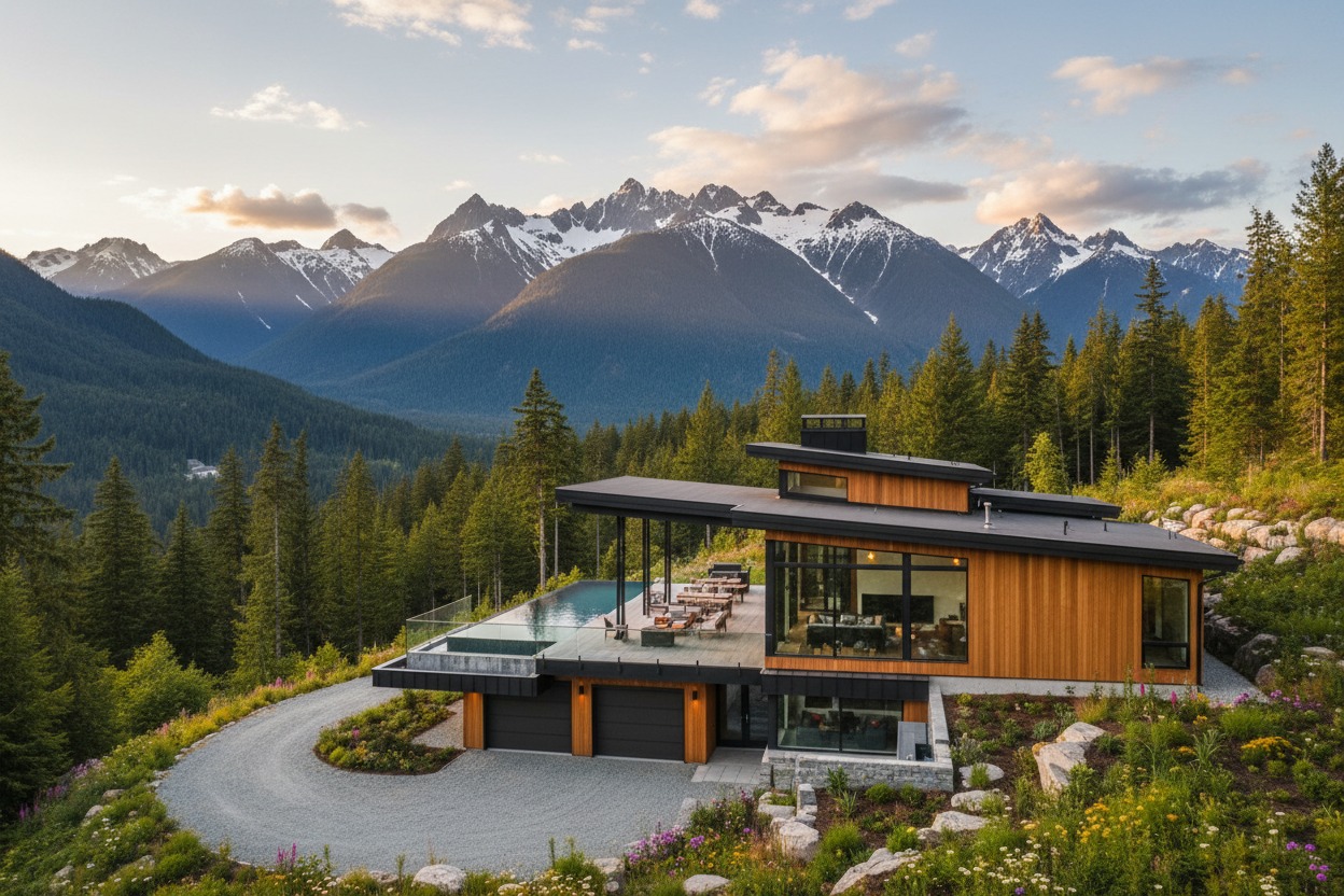 A modern, multi-level home with a pool and deck sits on a hillside overlooking a dense pine forest and snow-capped mountains at sunset.