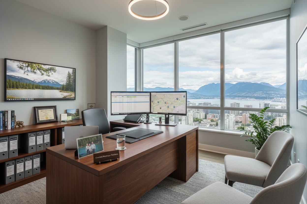A modern office features a wooden desk with dual monitors overlooking a city skyline and mountain range through floor-to-ceiling windows.